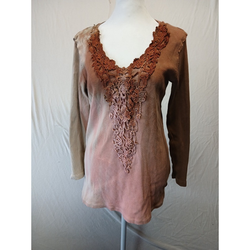 One World Womens Large Y2K Womens‎ Artsy V Neck Long Sleeve